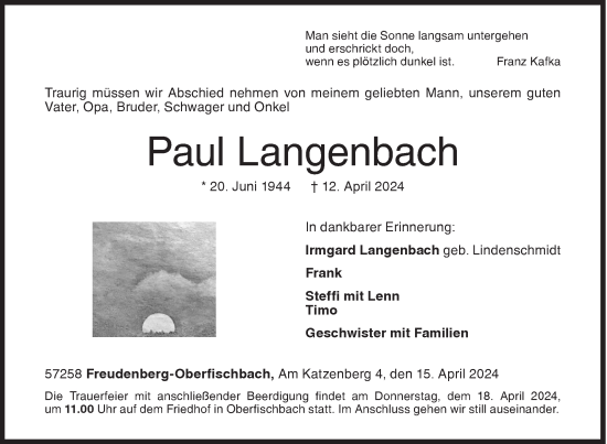 Traueranzeige von Paul Langenbach von Siegener Zeitung