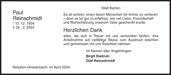 Traueranzeige von Paul Reinschmidt von Siegener Zeitung