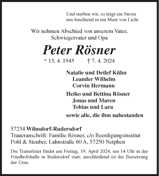 Traueranzeige von Peter Rösner von Siegener Zeitung