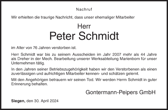 Traueranzeige von Peter Schmidt von Siegener Zeitung