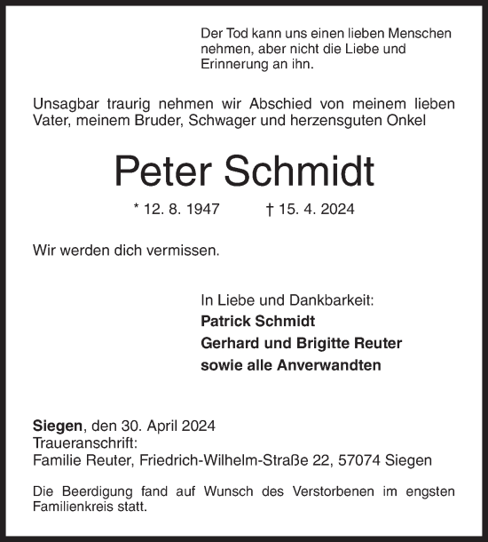 Traueranzeige von Peter Schmidt von Siegener Zeitung