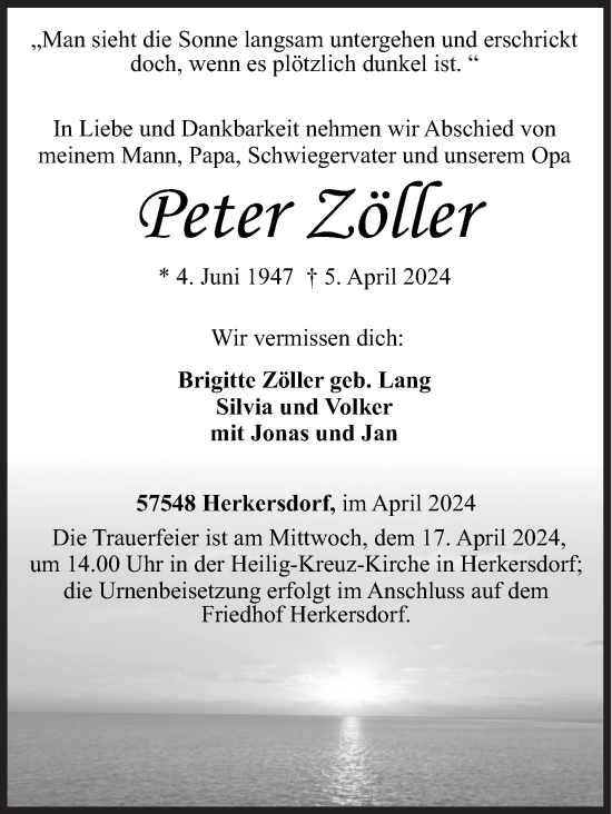 Traueranzeige von Peter Zöller von Siegener Zeitung