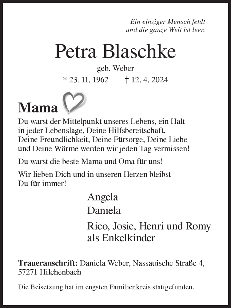  Traueranzeige für Petra Blaschke vom 20.04.2024 aus Siegener Zeitung