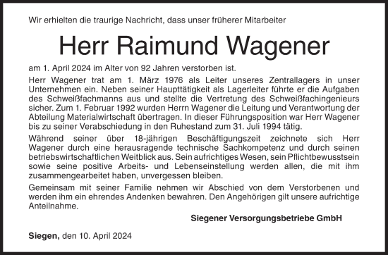 Traueranzeige von Raimund Wagener von Siegener Zeitung