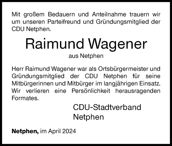 Traueranzeige von Raimund Wagener von Siegener Zeitung