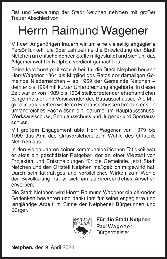 Traueranzeige von Raimund Wagener von Siegener Zeitung