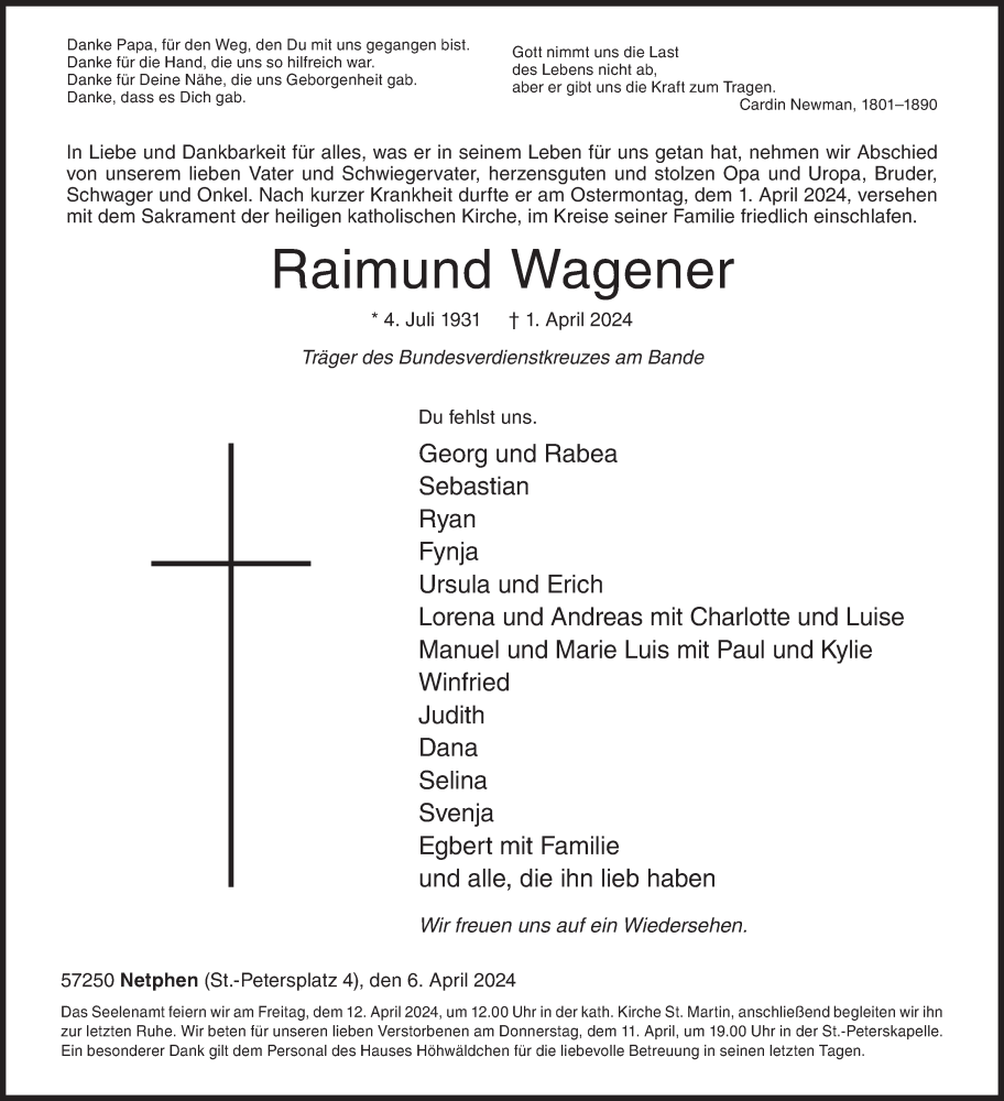  Traueranzeige für Raimund Wagener vom 06.04.2024 aus Siegener Zeitung