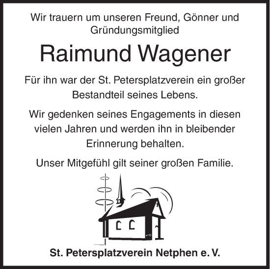 Traueranzeige von Raimund Wagener von Siegener Zeitung