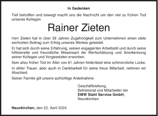 Traueranzeige von Rainer Zieten von Siegener Zeitung