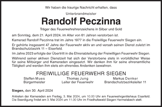 Traueranzeige von Randolf Peczinna von Siegener Zeitung