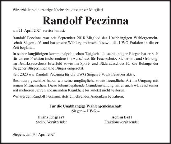 Traueranzeige von Randolf Peczinna von Siegener Zeitung