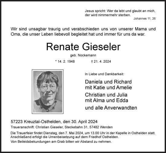 Traueranzeige von Renate Gieseler von Siegener Zeitung