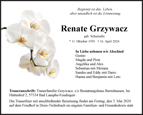 Traueranzeige von Renate Grzywacz von Siegener Zeitung