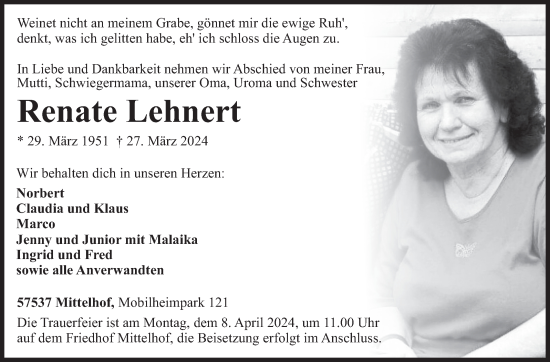 Traueranzeige von Renate Lehnert von Siegener Zeitung