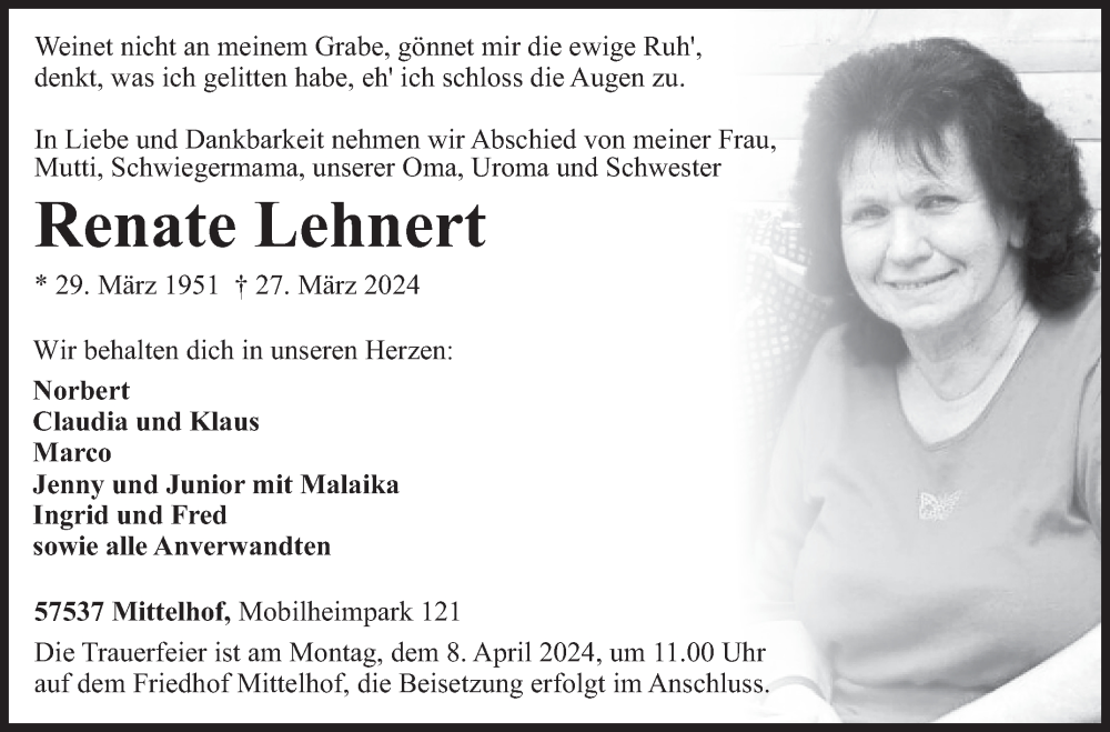  Traueranzeige für Renate Lehnert vom 02.04.2024 aus Siegener Zeitung