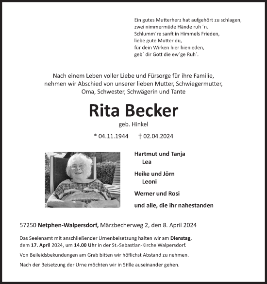 Traueranzeige von Rita Becker von Siegener Zeitung