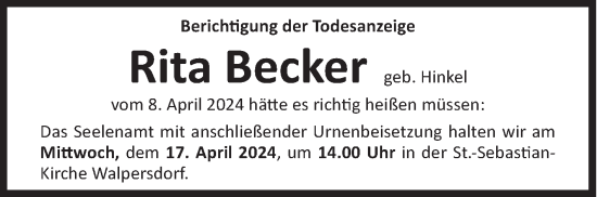 Traueranzeige von Rita Becker von Siegener Zeitung