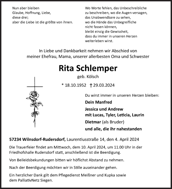 Traueranzeige von Rita Schlemper von Siegener Zeitung