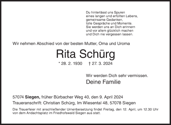 Traueranzeige von Rita Schürg von Siegener Zeitung