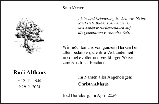 Traueranzeige von Rudi Althaus von Siegener Zeitung