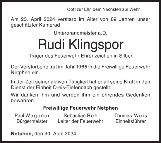 Traueranzeige von Rudi Klingspor von Siegener Zeitung
