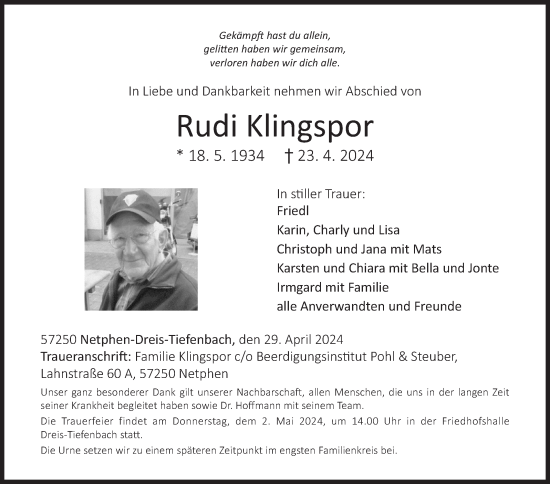 Traueranzeige von Rudi Klingspor von Siegener Zeitung