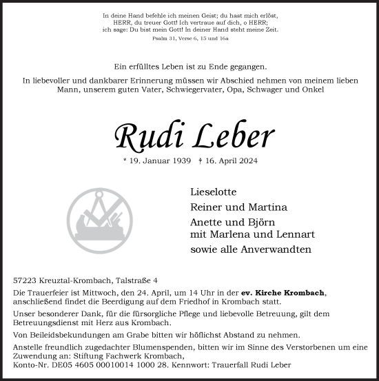 Traueranzeige von Rudi Leber von Siegener Zeitung