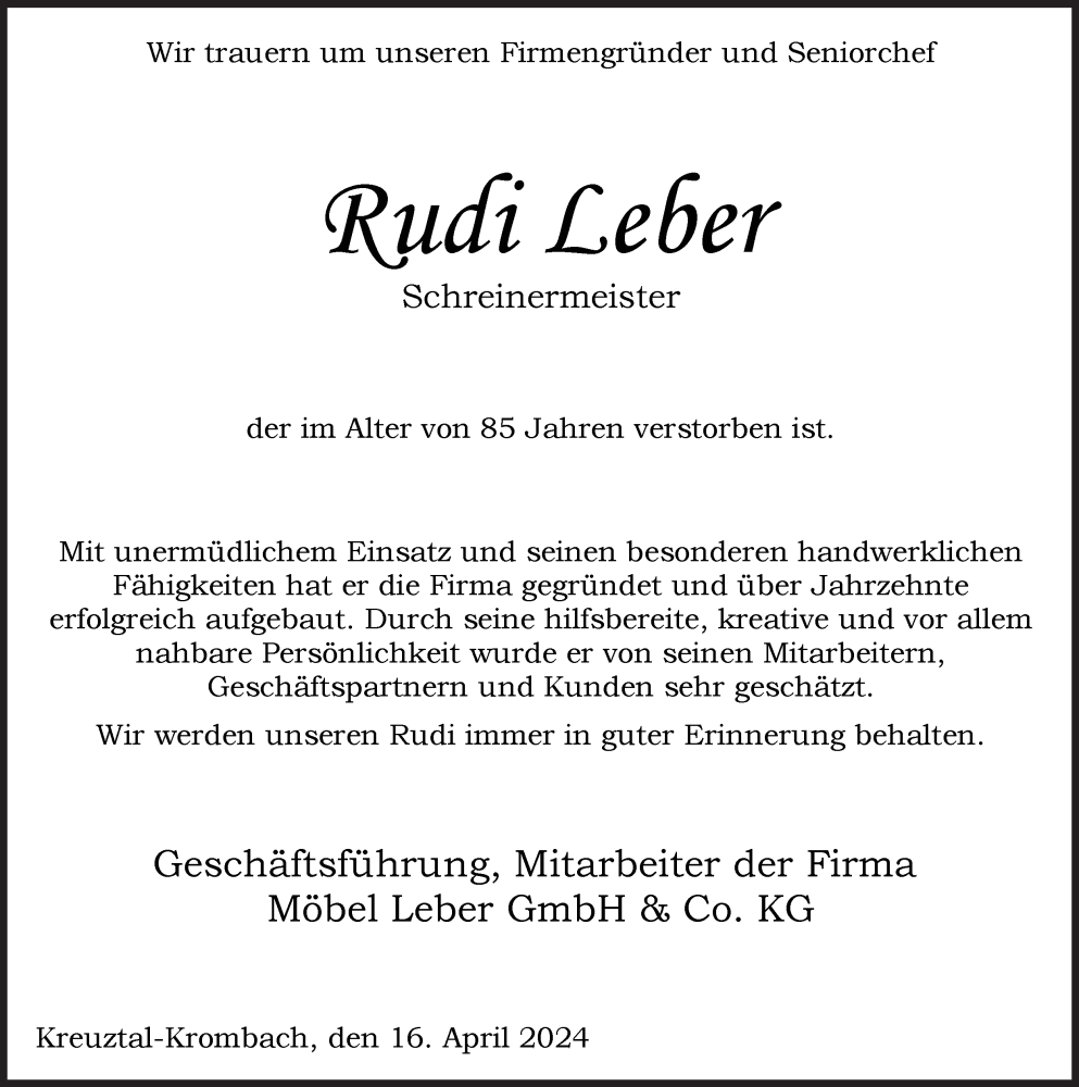  Traueranzeige für Rudi Leber vom 19.04.2024 aus Siegener Zeitung