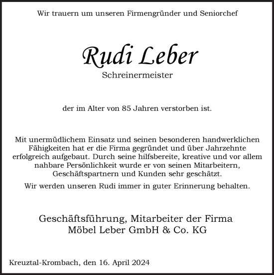 Traueranzeige von Rudi Leber von Siegener Zeitung