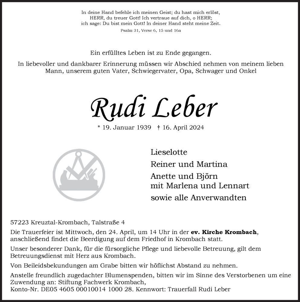  Traueranzeige für Rudi Leber vom 19.04.2024 aus Siegener Zeitung