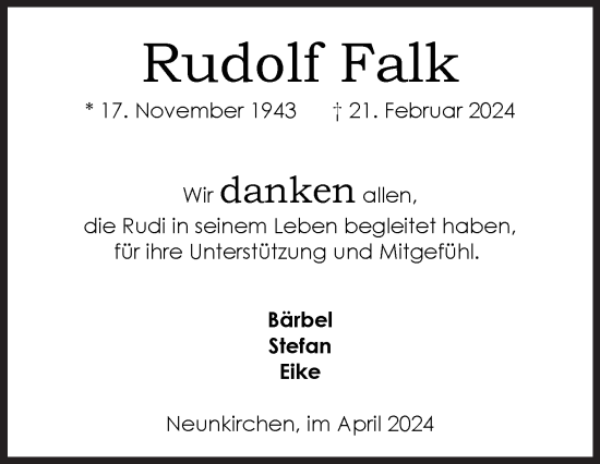 Traueranzeige von Rudolf Falk von Siegener Zeitung
