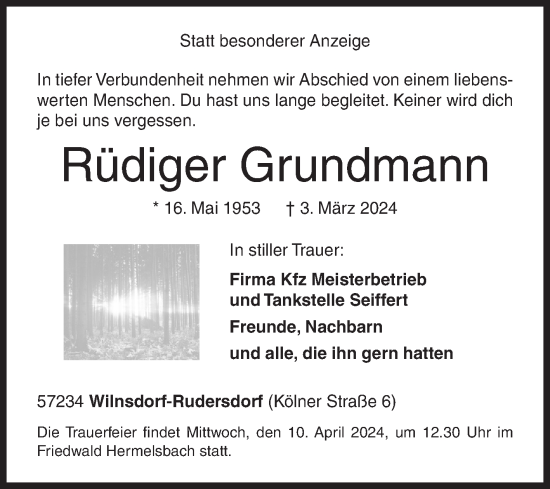 Traueranzeige von Rüdiger Grundmann von Siegener Zeitung