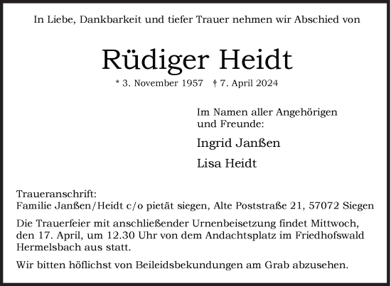 Traueranzeige von Rüdiger Heidt von Siegener Zeitung