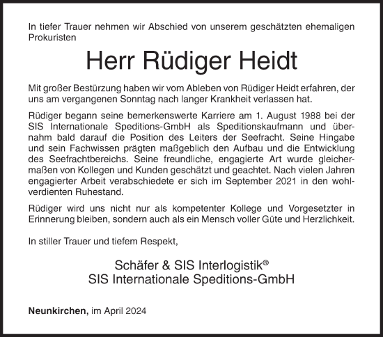 Traueranzeige von Rüdiger Heidt von Siegener Zeitung