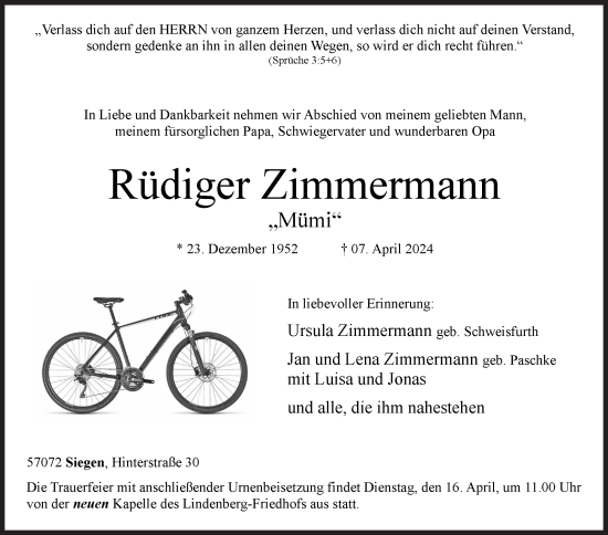 Traueranzeigen von Rüdiger Zimmermann 57trauer.de
