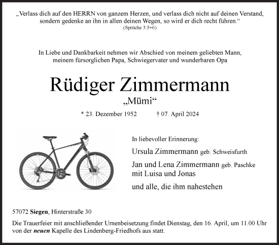 Traueranzeige von Rüdiger Zimmermann von Siegener Zeitung