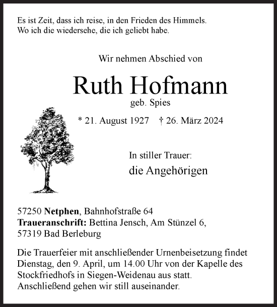 Traueranzeige von Ruth Hofmann von Siegener Zeitung
