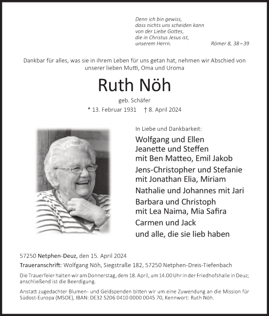 Traueranzeige von Ruth Nöh von Siegener Zeitung