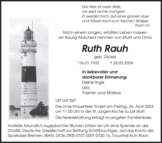 Traueranzeige von Ruth Rauh von Siegener Zeitung