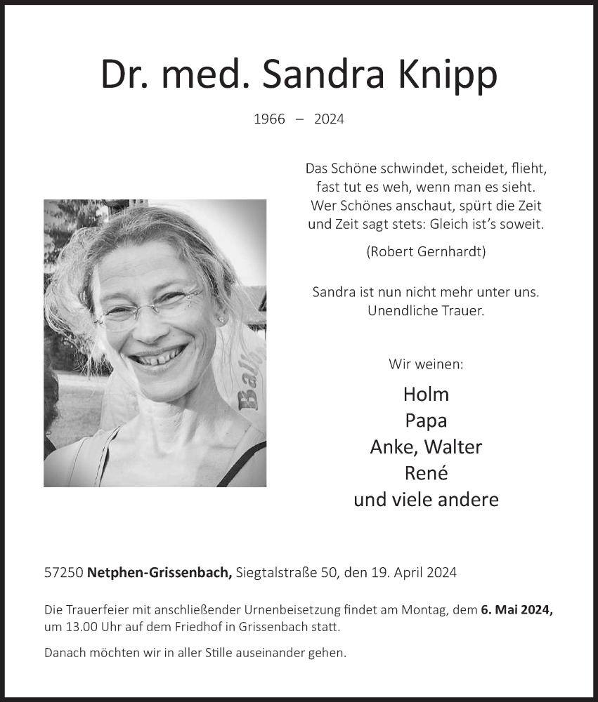  Traueranzeige für Sandra Knipp vom 19.04.2024 aus Siegener Zeitung