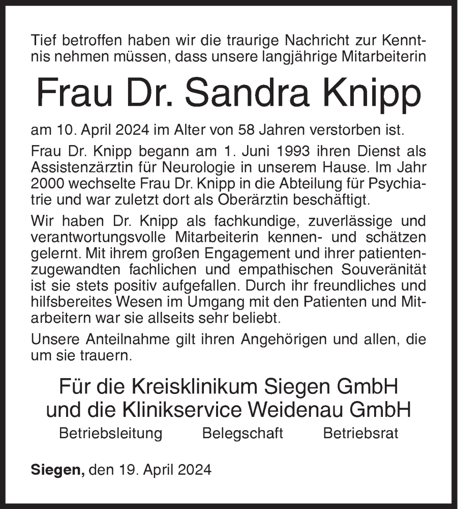  Traueranzeige für Sandra Knipp vom 19.04.2024 aus Siegener Zeitung