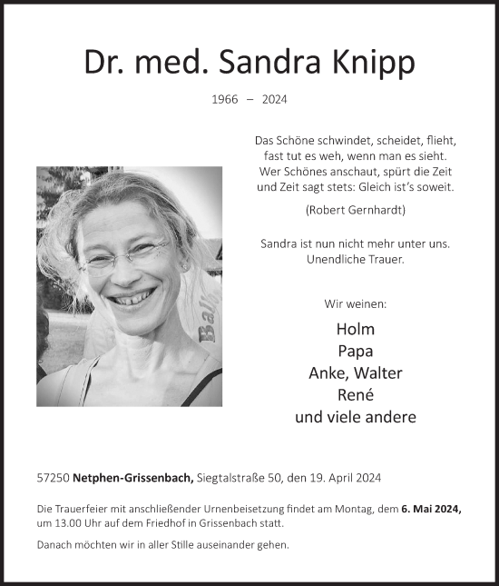 Traueranzeige von Sandra Knipp von Siegener Zeitung