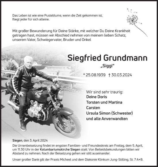 Traueranzeige von Siegfried Grundmann von Siegener Zeitung