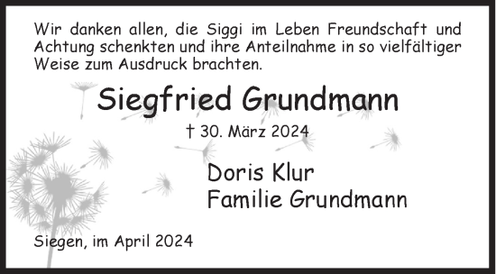 Traueranzeige von Siegfried Grundmann von Siegener Zeitung