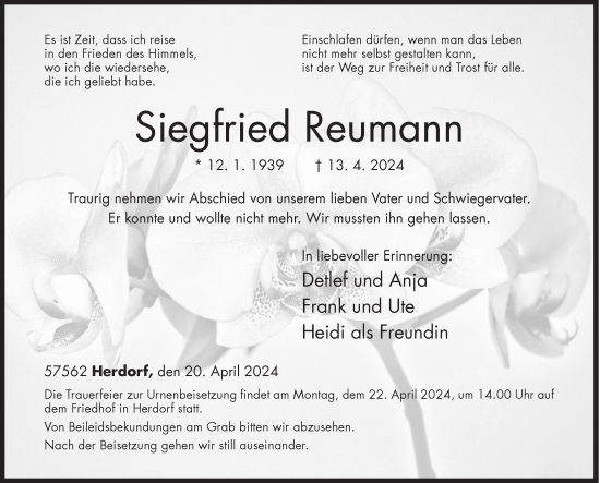 Traueranzeige von Siegfried Reumann von Siegener Zeitung