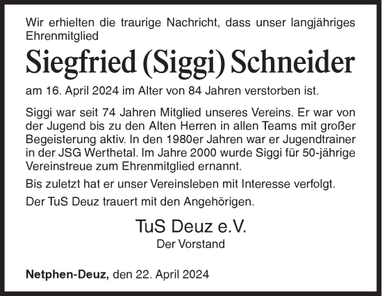Traueranzeige von Siegfried Schneider von Siegener Zeitung