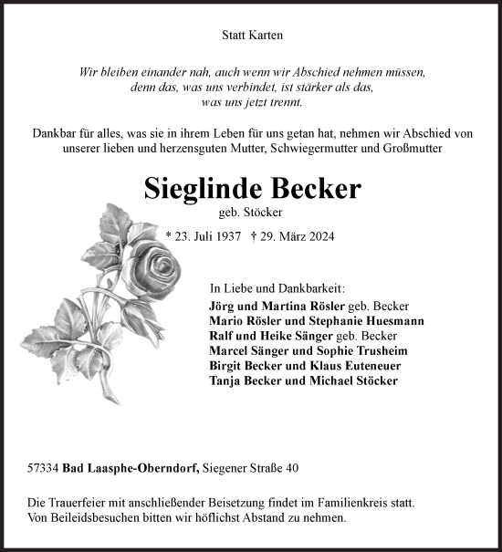 Traueranzeige von Sieglinde Becker von Siegener Zeitung