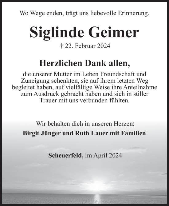 Traueranzeige von Siglinde Geimer von Siegener Zeitung