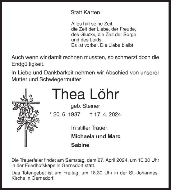 Traueranzeige von Thea Löhr von Siegener Zeitung