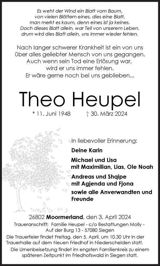 Traueranzeige von Theo Heupel von Siegener Zeitung